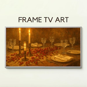 Könnte beinhalten: Ein gerahmtes digitales Kunstwerk mit dem Text "FRAME TV ART" oben. Das Kunstwerk zeigt eine Szene eines Abendessens bei Kerzenschein mit brennenden Kerzen, Glaswaren, Tellern und roten Beeren auf einem Tisch. Die Farbpalette ist warm mit Gold- und Brauntönen.