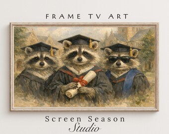 Graduation Raccoons Frame TV Art University Scene Oil Painting Samsung Digital Download