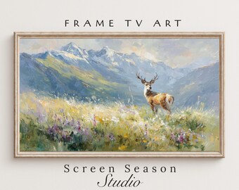 Spring Frame TV Art Deer Wildflower Meadow, Wildlife Mountain Landscape Oil Painting, Digital Download