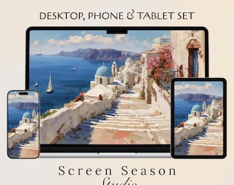 Santorini Greek Island Desktop Wallpaper Bundle | Blue Ocean Coastal Desk Setup | Summer Travel iPad & Phone Background