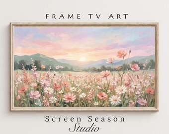 Spring Floral Landscape Pink Wildflower Meadow Oil Painting Samsung Frame TV Art Digital Download