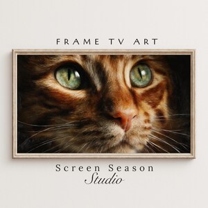 Pode incluir: Impressão emoldurada com um close-up do rosto de um gato. O gato tem pelo laranja e olhos verdes marcantes. A impressão está rotulada como "FRAME TV ART" na parte superior e "Screen Season Studio" na parte inferior.
