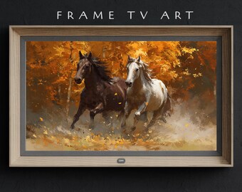 Wild Horses Autumn Frame TV Art - Digital Rustic Fall Horse Oil Painting JPEG - Country Animal Wall Decor Western Landscape Graphic