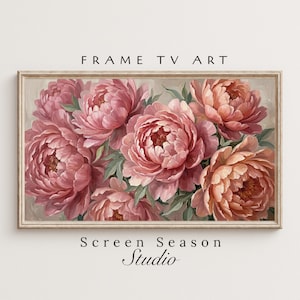 Könnte beinhalten: Gerahmter Blumendruck mit einem Bouquet aus rosa und pfirsichfarbenen Pfingstrosen mit grünen Blättern. Das Kunstwerk trägt die Aufschrift "FRAME TV ART" und "Screen Season Studio". Das Gemälde hat eine Vintage-Ästhetik.