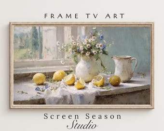 Spring Frame TV Art Lemon Still Life, Vintage Cottagecore Window Oil Painting, Samsung Digital Download