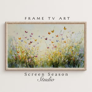 Könnte beinhalten: Ein gerahmtes Kunstwerk mit einem Feld aus Wildblumen und Schmetterlingen in Gelb-, Lila- und Orangetönen. Das Gemälde hat einen weichen, impressionistischen Stil. Der Text "FRAME TV ART" und "Screen Season Studio" sind zu sehen.