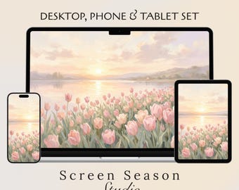 Pink Tulip Field Desktop Wallpaper Bundle | Pastel Spring Lake View Desk Setup | Dreamy Floral iPad & Phone Background