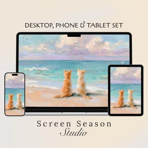 Könnte beinhalten: Ein digitales Kunstset mit einer Strandszene mit zwei Katzen. Das Set umfasst ein Telefon, ein Tablet und einen Desktop-Bildschirm, die jeweils das gleiche Kunstwerk zeigen. Das Kunstwerk zeigt zwei Katzen an einem Sandstrand mit türkisfarbenem Meer und pastellfarbenem Himmel.