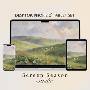 Könnte beinhalten: Ein digitales Set mit Desktop, Telefon und Tablet, die jeweils eine pastorale Landschaft mit einem Regenbogen über grünen Hügeln und Schafen zeigen. Der Text "DESKTOP, PHONE & TABLET SET" und "Screen Season Studio" ist ebenfalls sichtbar.