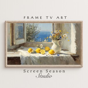 Greek Summer Window Frame TV Art - Lemon Still Life Digital Painting Aesthetic Vintage Seaside View Cottagecore Rustic Floral Oil Style JPEG