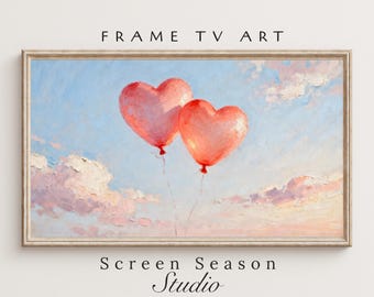 May include: An oil painting depicting two heart-shaped balloons against a backdrop of a blue and pink sky with clouds. The balloons are red. The image includes the text "FRAME TV ART" and "Screen Season Studio".