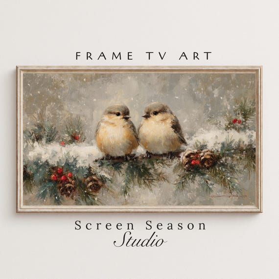 Samsung Frame TV Art Winter Birds Christmas Painting | Snowy Pine Branch Scene 16:9 Digital Download