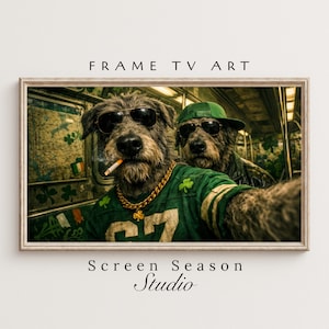 May include: Framed art print featuring two dogs wearing sunglasses, one smoking a cigarette, in a subway car. The dog in the foreground wears a green jersey with the number 27 and a gold chain. The art is labeled "FRAME TV ART" and "Screen Season Studio."