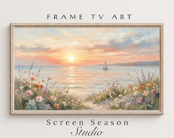 Frame TV Art Coastal Sunset Oil Painting Ocean Sailboat Wildflowers Landscape Samsung Digital Download
