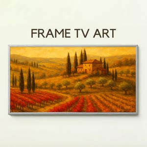 Könnte beinhalten: Gerahmtes Landschaftsgemälde mit toskanischem Thema. Das Kunstwerk zeigt eine Villa, Zypressen und Weinberge in Rot-, Orange- und Gelbtönen. Der Text "FRAME TV ART" wird über dem Rahmen angezeigt.