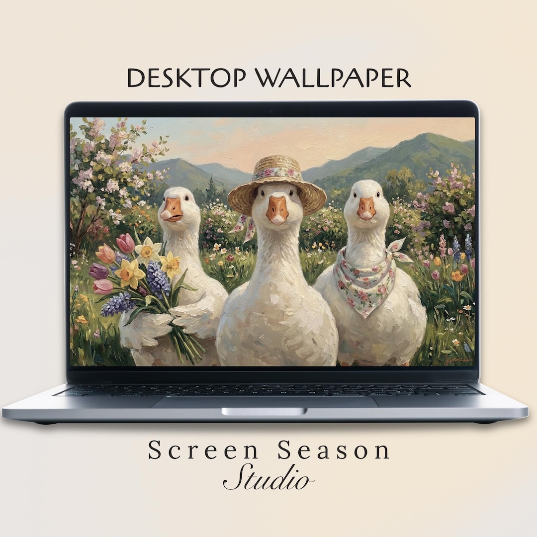 Whimsical Geese Desktop Wallpaper, Spring Meadow Floral MacBook ...