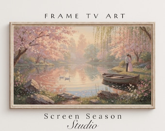 Frame TV Art Spring Cherry Blossom Pond Vintage Oil Painting Digital Download