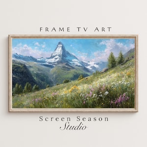 Spring Frame TV Art Matterhorn Mountain Landscape Wildflower Meadow Oil Painting, Samsung Digital Download