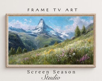 Spring Frame TV Art Matterhorn Mountain Landscape Wildflower Meadow Oil Painting, Samsung Digital Download