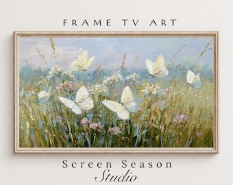 Spring Frame TV Art - Whimsical Wildflower Butterflies - Pastel Oil Painting Style - Samsung Digital Download