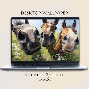Funny Horses Desktop Wallpaper - Spring Meadow Animal Art for MacBooks - Quirky Horse Friends PC Background