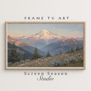 Könnte beinhalten: Gerahmter Landschaftskunst-Druck mit einer Bergkette mit schneebedecktem Gipfel unter blauem Himmel. Das Kunstwerk hat eine Vintage-Ästhetik, mit dem Text "FRAME TV ART" und "Screen Season Studio" auf dem Rahmen.