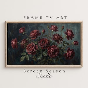 Könnte beinhalten: Gerahmtes Kunstwerk mit einem Strauß tiefroter Rosen vor einem dunkelblauen Hintergrund. Das Gemälde hat eine Vintage-Ästhetik mit sichtbaren Pinselstrichen und einem goldfarbenen Rahmen. Der Text oben lautet "FRAME TV ART" und unten "Screen Season Studio".