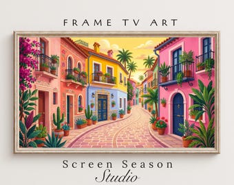 Summer Frame TV Art Colorful Tropical Village Street Illustration Samsung Digital Download