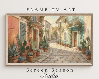 Summer Frame TV Art Mediterranean Village Cactus Street Oil Painting Samsung Digital Download