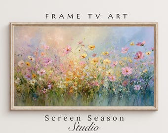 Spring Frame TV Art, Wildflower Meadow Pink Yellow Pastel Nature, Samsung Digital Download