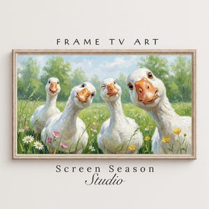 Könnte beinhalten: Gerahmter Kunstdruck mit vier weißen Gänsen auf einer Wiese mit Wildblumen. Die Gänse haben ausdrucksstarke Gesichter und schaffen eine skurrile Szene. Der Text "FRAME TV ART" und "Screen Season Studio" sind zu sehen.