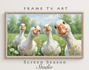 Spring Frame TV Art White Geese Meadow Whimsical Oil Painting Samsung Digital Download