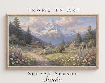 Spring Frame TV Art Alpine Landscape Mountain Wildflower Meadow Oil Painting Instant Download