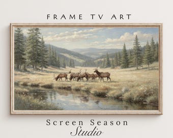 Frame TV Art Vintage Elk Herd Artwork Rustic Wildlife Landscape Digital Download