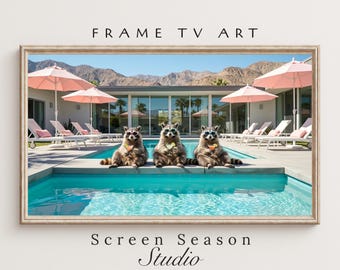 Funny Raccoons Cocktails Summer Pool Party Frame TV Art Samsung Digital Download