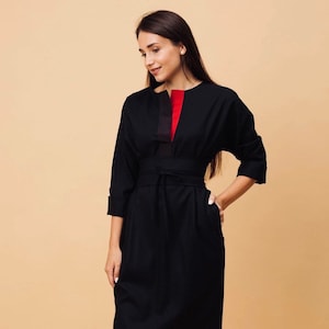 Black wool kimono dress, midi dress, wide belt dress, elegant winter dress, minimalist formal dress, casual OLIVIA dress image 1