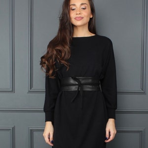 Casual black dress, black dresses for women, little black dress, long sleeve dress, winter minimalist dress, wide belt OLIVIA dress image 2
