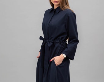 Navy blue wool dress, fit and flare dress, collared dress with pockets, midi dress, shirt dress, boho dress, loose DAIVA dress