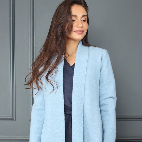 Veste en laine bouillie, cardigan portefeuille oversize, cardigan kimono, bleu clair, pull cardigan, cardigan en laine biologique femme NAOMI