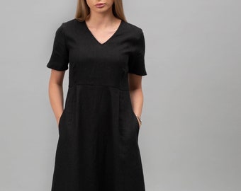 Long linen dress, boho dress, black dress, summer dress, short sleeve dress, minimalist, maxi linen dress, simple GRETA dress