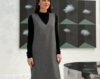 Houndstooth wool dress, sleeveless dress with pockets, knee length shift dress, winter dress, minimalist, casual, dress, VERA women dress