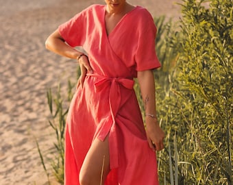 Linen wrap dress, maxi kimono dress, summer dress, robe dress, long dress, organic, plus size dress, TAMARA dress