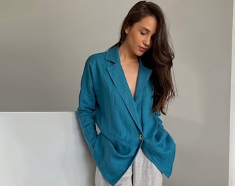 Blazer en lin pour femme, blazer surdimensionné, veste pour femme, veste bleue formelle, vêtements en lin, blazer d'été, cardigan en lin, blazer pour femme CLAIR