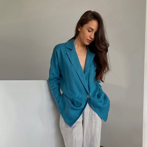 Linen blazer women, oversized blazer, jacket women, formal blue jacket, linen clothing, summer blazer, linen cardigan, womens blazer CLAIR image 1