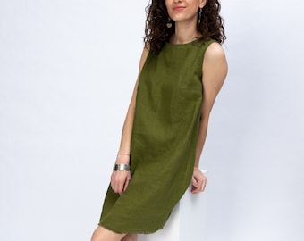Mini linen dress, shift dress, moss green dress, summer dress, linen clothing, dresses for women summer, JASMINE dress