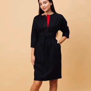 Black wool kimono dress, midi dress, wide belt dress, elegant winter dress, minimalist formal dress, casual OLIVIA dress image 6