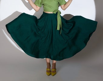 Long skirt, linen skirt, boho skirt, skirts for women, green maxi skirt, victorian skirt, pleated large skirt, circle skirt AGATA