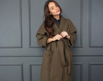 Boiled wool long cardigan, green cardigan, wrap maxi cardigan, vintage boho cardigan, minimalist, kimono jacket, AMINA winter cardigan