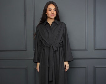 Robe en laine, robe à col, robe à manches longues avec poches, robe bohème, robe grise, robe courte boutonnée DAIVA