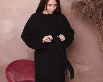 Boiled wool long cardigan, minimalist cardigans, oversized wrap cardigan, black kimono jacket, long sleeve cardigan, ladies cardigan AMINA